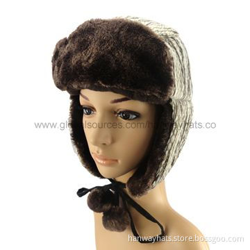 2012 New Style Fashionable Winter Hats with Strings, Fake Fur Front and Pompoms on Strap